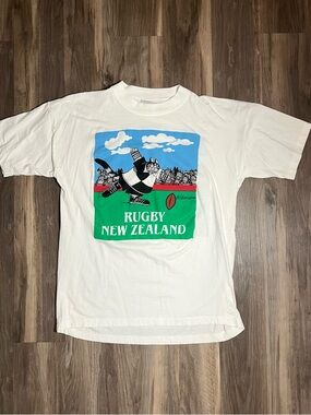 Vintage 90s B Kliban Rugby New Zealand Made Art Double Sided T-Shirt